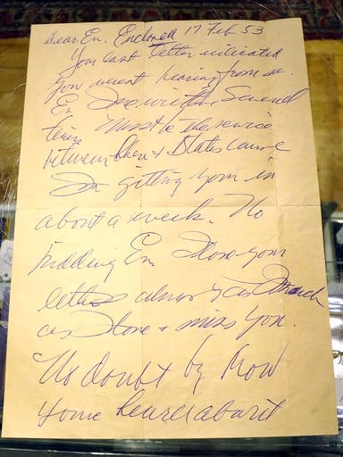 (AP Photo/David Sharp). This Dec. 22, 2017, photo shows part of a letter in Biddeford, Maine,,written by Boston Red Sox slugger Ted Williams the day after he crash-landed his airplane during the Korean War. Thirty-eight letters from Williams to his gir...