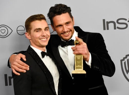 (Photo by Chris Pizzello/Invision/AP, File). FILE - In this Jan. 7, 2018, file photo, Dave Franco, left, poses with James Franco, winner of the award for best performance by an actor in a motion picture - musical or comedy for "The Disaster Artist," at...