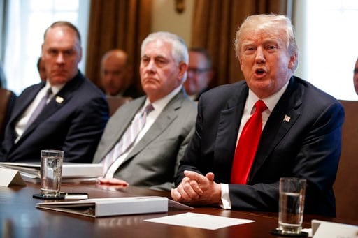 (AP Photo/Evan Vucci). President Donald Trump speaks during a cabinet meeting at the White House, Wednesday, Jan. 10, 2018, in Washington. From left, Secretary of Interior Ryan Zinke, Secretary of State Rex Tillerson, and Trump.
