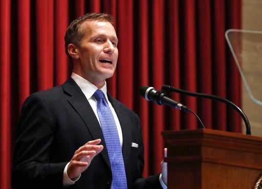 (AP Photo/Jeff Roberson, File). FILE - In this Jan. 10, 2018, file photo, Missouri Gov. Eric Greitens delivers the annual State of the State address to a joint session of the House and Senate in Jefferson City, Mo. Greitens appears to be bracing for a ...