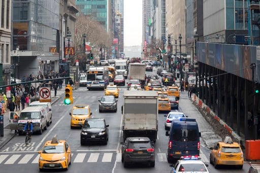 (AP Photo/Mary Altaffer). In this Thursday, Jan. 11, 2018 photo, traffic is seen making it's way across 42nd Street in New York. A proposal to make part Manhattan a toll zone, where drivers would be charged to drive into the most congested neighborhood...