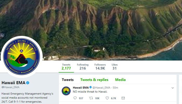 Ballistic missile threat alert in Hawaii is called a false alarm. (Source: Twitter)