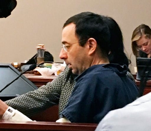 (AP Photo/David Eggert). Former Michigan sports doctor Larry Nassar sits in court Tuesday, Jan. 16, 2018, in Lansing, Mich., at the start of his four-day sentencing hearing for sexually assaulting young gymnasts. Dozens of women and girls who were vict...