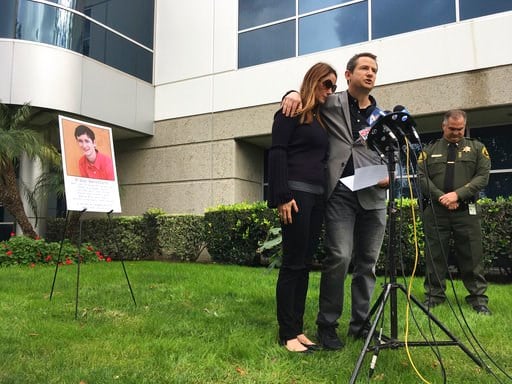 (AP Photo/Amy Taxin, file). FILE--In this Jan. 10, 2018, file photo, Gideon and Jeanne Bernstein, parents of missing teen Blaze Bernstein, pictured at left, are joined by Orange County Sheriff's Lt. Brad Valentine, right, during a news conference in La...