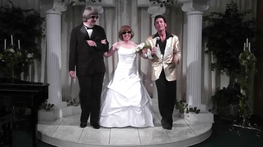 (A Elvis Chapel via AP). In this Oct. 29, 2011, image made from a video provided by A Elvis Chapel, David Allen Turpin, left, and his wife, Louise Anna Turpin, center, celebrate a renewal of their wedding vows with Elvis impersonator Kent Ripley.