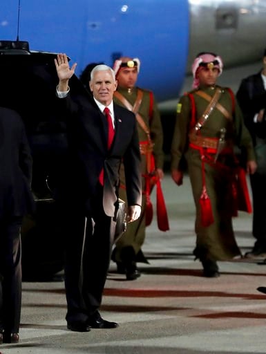 (AP Photo/Raad Adayleh). U.S. Vice President Mike Pence disembarks from his plane upon his arrival at Amman military airport, Jordan, Saturday, Jan 20, 2018. This is the second leg of his Middle East tour that will include Isreal.