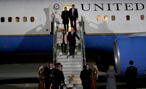 (AP Photo/Raad Adayleh). U.S. Vice President Mike Pence and his wife Karen disembark the plane upon his arrival at Amman military airport, Jordan, Saturday, Jan 20, 2018. This is the second leg of his Middle East tour that will include Israel.