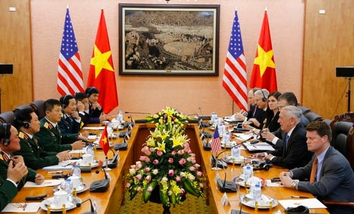 (AP Photo/Tran Van Minh). U.S. Defense Secretary Jim Mattis, second from right, speaks during talks with his Vietnamese counterpart Ngo Xuan Lich, second from left, in Hanoi, Vietnam, Thursday, Jan. 25, 2018. Mattis is on a two-day visit to Vietnam to ...
