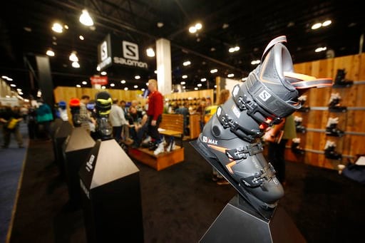 (AP Photo/David Zalubowski). A ski boot appears on a display at the Salomon booth at the opening of the Outdoor Retailers and Snow Show in the Colorado Convention Center, Thursday, Jan. 25, 2018, in Denver. Three floors of all the latest products for o...