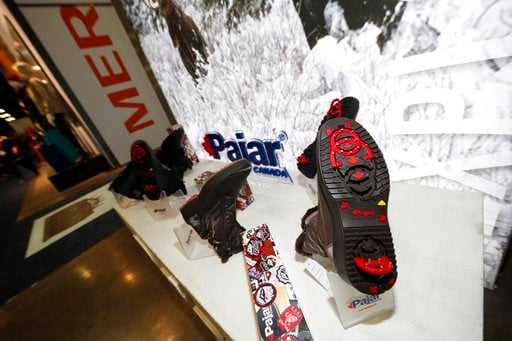 (AP Photo/David Zalubowski). A display of Pajar shoes with built-in crampons is on display at the opening of the Outdoor Retailers and Snow Show in the Colorado Convention Center, Thursday, Jan. 25, 2018, in Denver. Three floors of all the latest produ...