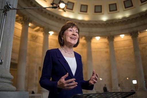 (AP Photo/J. Scott Applewhite, File). In this Jan. 23, 2018, file photo, Sen. Susan Collins, R-Maine, speaks during a TV news interview on Capitol Hill in Washington.
